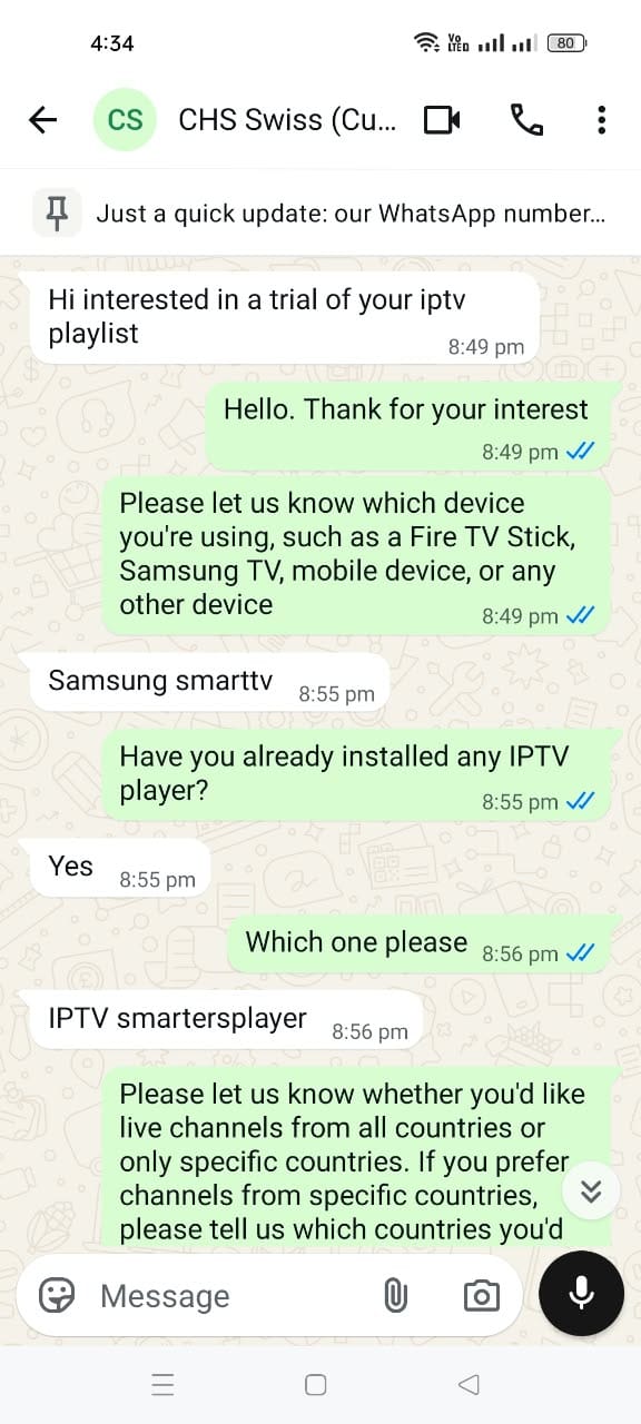Customer WhatsApp review after the IPTV 24 hour free trial