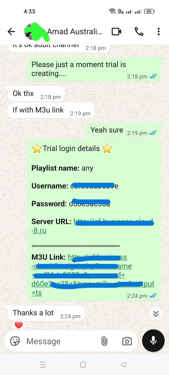 WhatsApp chat where a trial user confirms a paid IPTV subscription