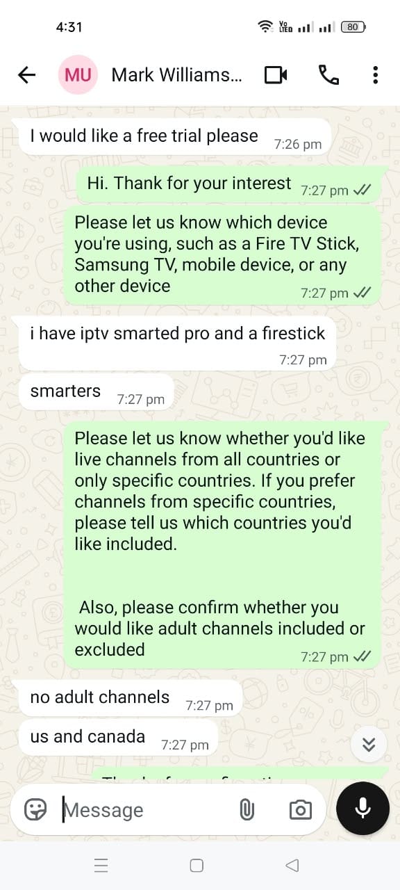 Real customer WhatsApp review of New IPTV service